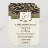 Fuchsia and Olive Barn Wood Zebra Print Wedding Kaart (Voorkant / Achterkant)