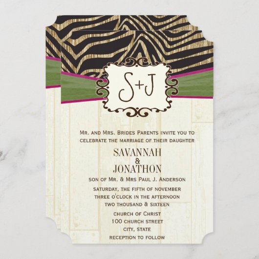 Fuchsia and Olive Barn Wood Zebra Print Wedding Kaart (Voorkant / Achterkant)