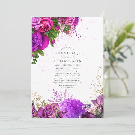 Fuchsia and Paars Floral Celebration of Life Invi Kaart (Staand voorkant)
