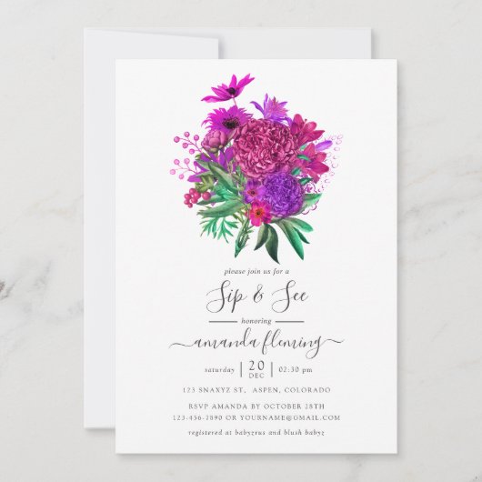 Fuchsia and Paars Shabby Floral Sip and See Kaart (Voorkant)