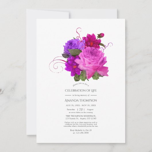 Fuchsia and Paarse Shabby Celebration of Life Kaart (Voorkant)