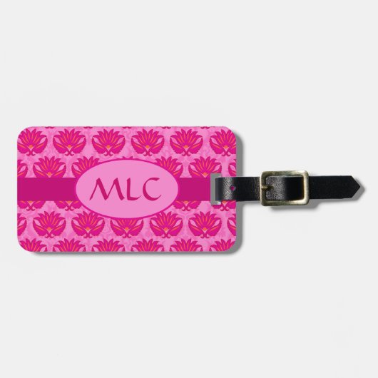Fuchsia and Pink Art Nouveau Damask Monogram Bagagelabel (Voorkant horizontaal)