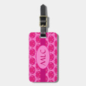 Fuchsia and Pink Art Nouveau Damask Monogram Bagagelabel (Voorkant verticaal)