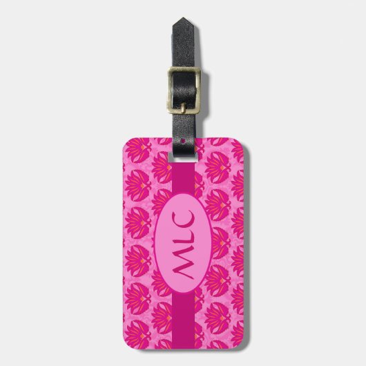Fuchsia and Pink Art Nouveau Damask Monogram Bagagelabel (Voorkant verticaal)