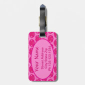 Fuchsia and Pink Art Nouveau Damask Monogram Bagagelabel (Achterkant verticaal)