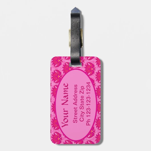 Fuchsia and Pink Art Nouveau Damask Monogram Bagagelabel (Achterkant verticaal)