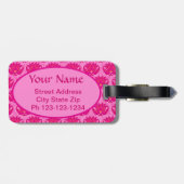 Fuchsia and Pink Art Nouveau Damask Monogram Bagagelabel (Achterkant horizontaal)