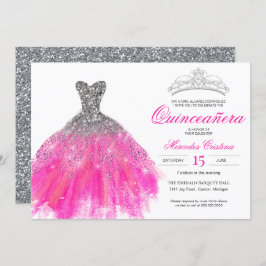 Fuchsia and Silver Glitter Glam Gown Quinceañera Kaart