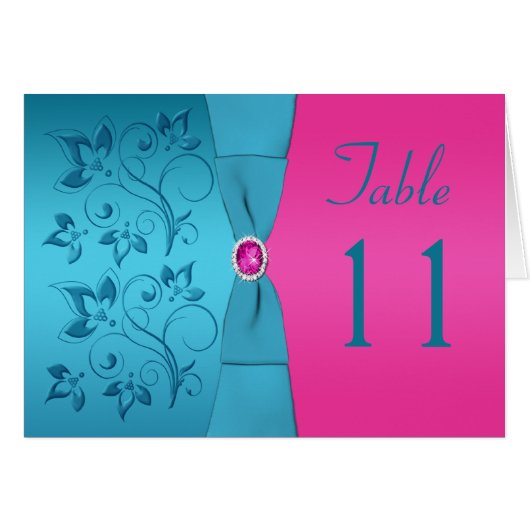Fuchsia and Turquoise Floral Table Number Kaart (Voorkant Horizontaal)