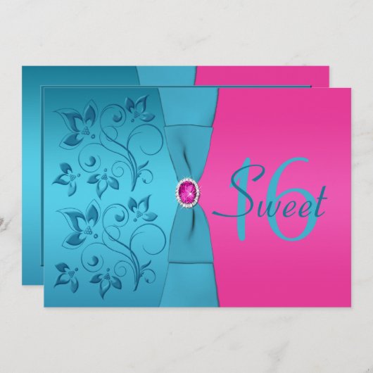 Fuchsia and Turquoise Sweet Sixteen Uitnodiging (Voorkant / Achterkant)