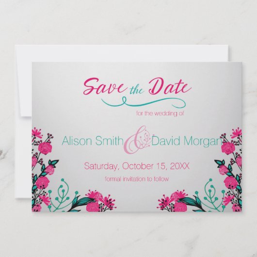 Fuchsia and Turquoise Wedding Save the date (Voorkant)