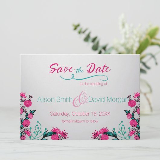 Fuchsia and Turquoise Wedding Save the date (Staand voorkant)