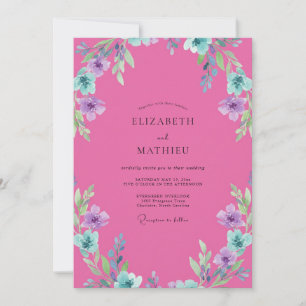 Fuchsia Aqua Wilde Bloemen Bruiloft Kaart