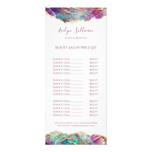 Fuchsia aquamarijn opaal design prijslijst reclamekaart (Voorkant)