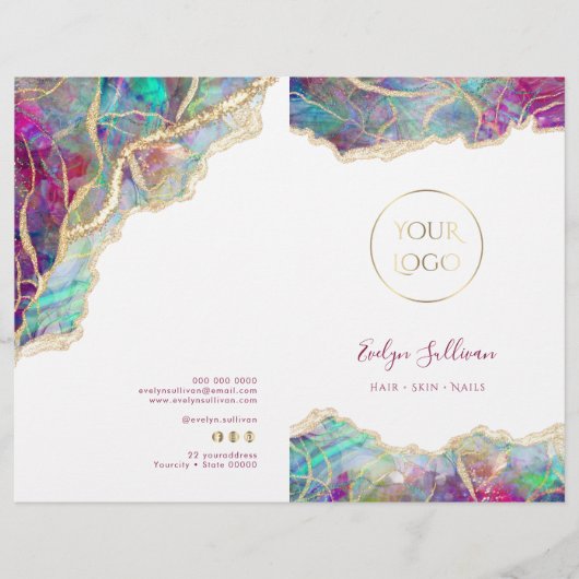 Fuchsia aquamarijn opaal service menu brochure (Voorkant)