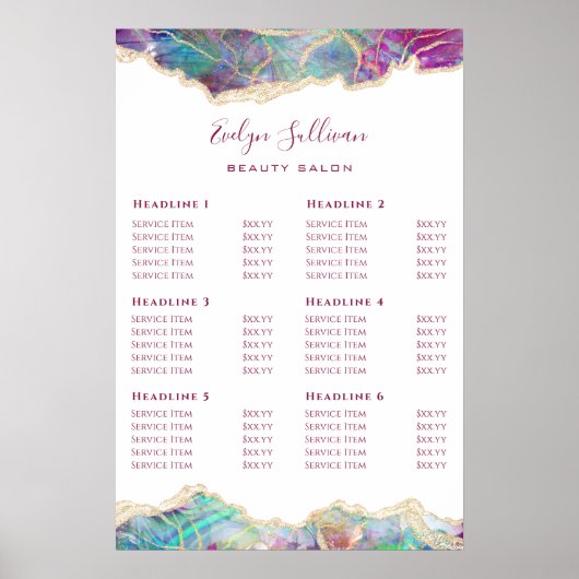 Fuchsia Aquamarine Opal Design Prijslijst Poster (Voorkant)