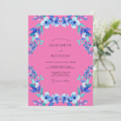 Fuchsia Azure Wilde Bloemen Bruiloft Kaart (Staand voorkant)