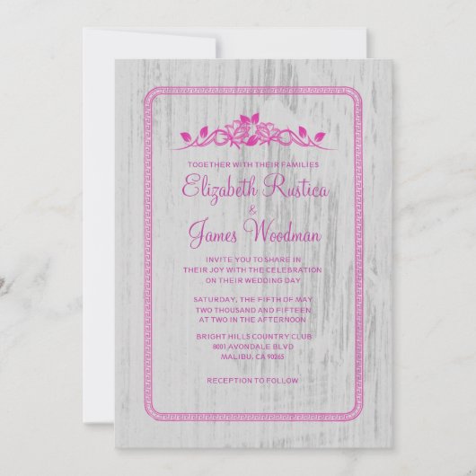 Fuchsia Barn Wood Wedding Invitations Kaart (Voorkant)