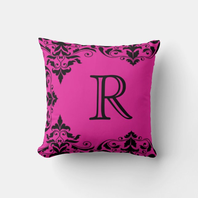 Fuchsia & Black Monogram Damask Pillow Kussen (Voorkant)