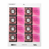 FUCHSIA BLACK PINK SILK DAMASK, SQUARE MONOGRAM ETIKET (Full Sheet)