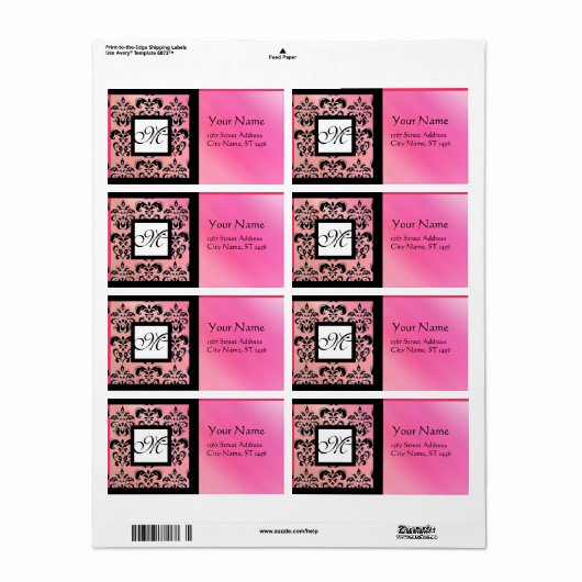 FUCHSIA BLACK PINK SILK DAMASK, SQUARE MONOGRAM ETIKET (Full Sheet)