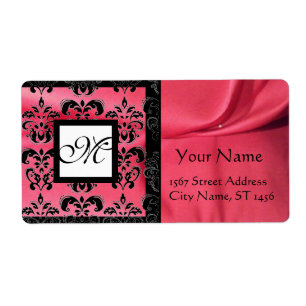 FUCHSIA BLACK PINK SILK DAMASK, SQUARE MONOGRAM ETIKET