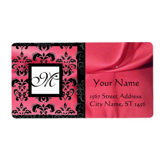 FUCHSIA BLACK PINK SILK DAMASK, SQUARE MONOGRAM ETIKET (Voorkant)