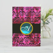 FUCHSIA BLACK SILK DAMASK BLUE GEM MONOGRAM KAART (Staand voorkant)