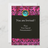 FUCHSIA BLACK SILK DAMASK BLUE GEM MONOGRAM KAART (Achterkant)