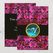 FUCHSIA BLACK SILK DAMASK BLUE GEM MONOGRAM KAART (Voorkant / Achterkant)