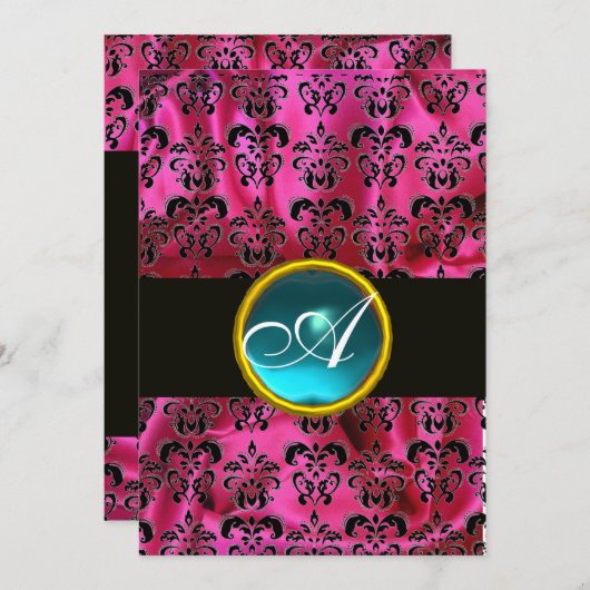 FUCHSIA BLACK SILK DAMASK BLUE GEM MONOGRAM KAART (Voorkant / Achterkant)