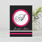 Fuchsia, Black & White Monogram Weddenschap Kaart (Staand voorkant)
