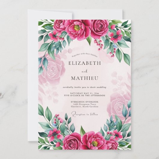 Fuchsia Bloeiende Lente Bruiloft Kaart (Voorkant)