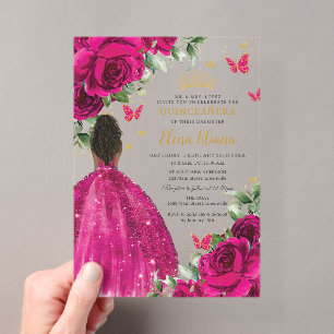 Fuchsia Bloem Bruin Princess Quinceañera Sweet 16 Acryl Uitnodigingen