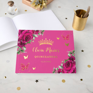 Fuchsia Bloem Goud Quinceanera Sweet 16 Verjaardag Gastenboek