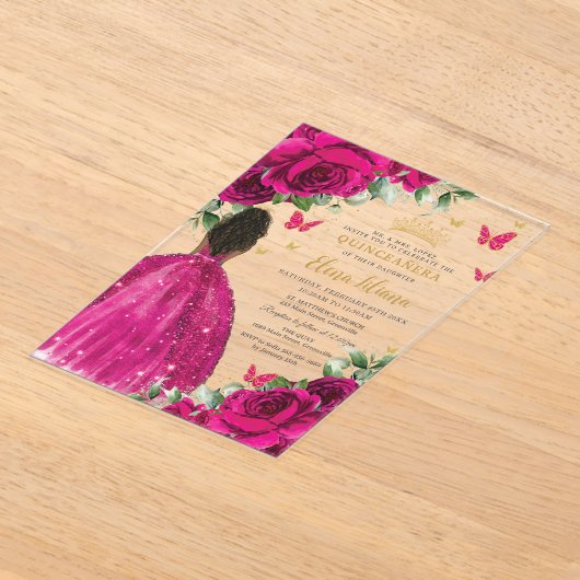 Fuchsia Bloemen Bruin Prinses Quinceañera Sweet 16 Acryl Uitnodigingen (Laagn)