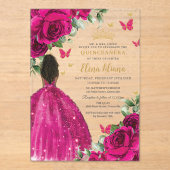 Fuchsia Bloemen Bruin Prinses Quinceañera Sweet 16 Acryl Uitnodigingen (Voorkant)