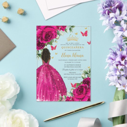 Fuchsia Bloemen Bruin Prinses Quinceañera Sweet 16 Acryl Uitnodigingen (Insitu (Huwelijk))