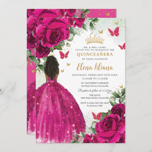 Fuchsia Bloemen Bruin Prinses Quinceañera Sweet 16 Kaart (Voorkant / Achterkant)