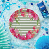 Fuchsia Bloemen Groene Strepen Graduation Party Papieren Bordje (Feest)