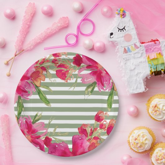 Fuchsia Bloemen Groene Strepen Graduation Party Papieren Bordje (Feest)