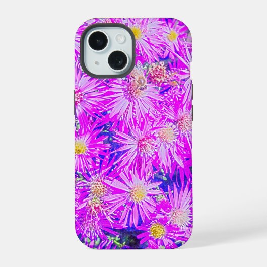 Fuchsia Bloemen Op Blauwe iPhone 15 Case (Achterkant)