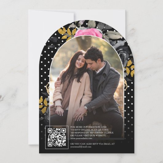 Fuchsia Bloemen Rozen QR Code Foto Zwart Huwelijk Kaart (Achterkant)