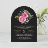 Fuchsia Bloemen Rozen QR Code Foto Zwart Huwelijk Kaart (Staand voorkant)