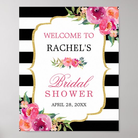 Fuchsia Bloemen Zwart Strepen Bruids Shower Bord Poster (Voorkant)