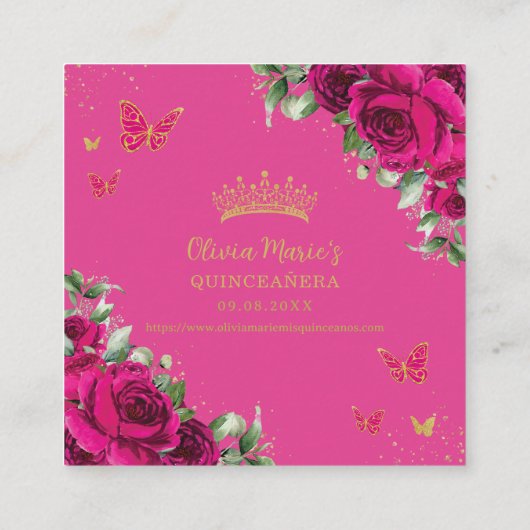 Fuchsia Bloemenvlinders Quinceanera RSVP QR Informatiekaartje (Achterkant)