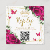Fuchsia Bloemenvlinders Quinceanera RSVP QR Informatiekaartje (Voorkant)
