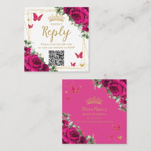 Fuchsia Bloemenvlinders Quinceanera RSVP QR Informatiekaartje (Voorkant / Achterkant)