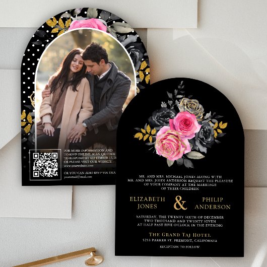 Fuchsia Bloemrozen QR Code Foto Zwarte Bruiloft Kaart