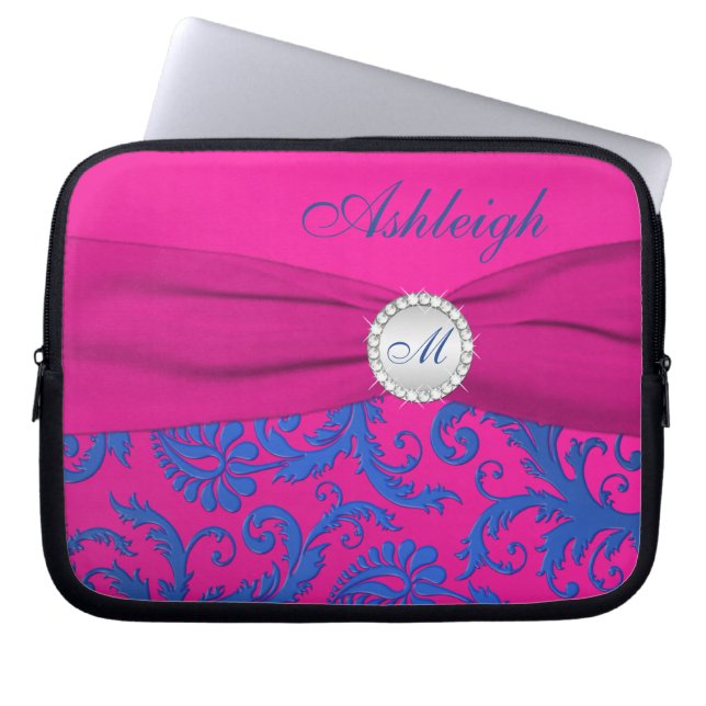 Fuchsia Blue Damask FAUX Ribbon-laptophoes Laptop Sleeve (Voorkant)